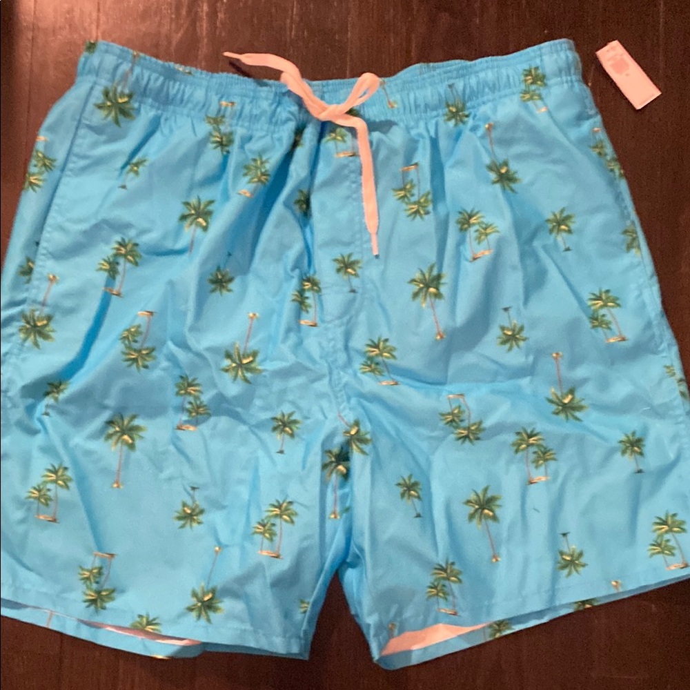 Old Navy Blue and Green Swim Trunks with Tropical Print